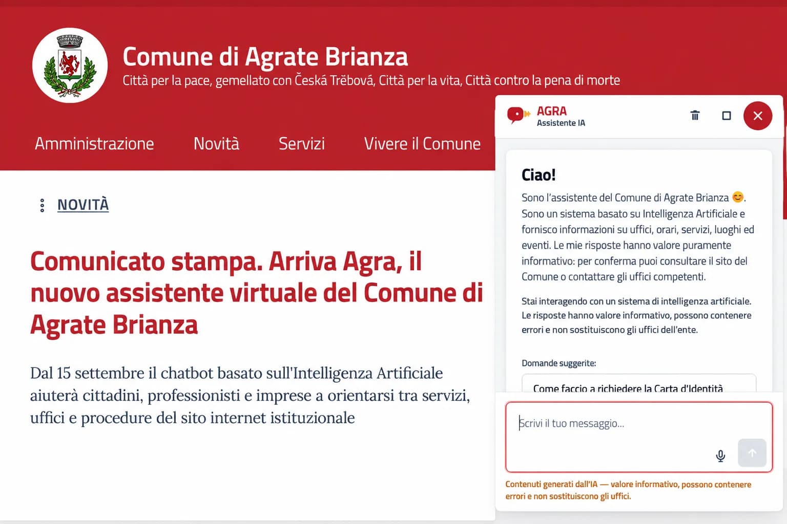 Chatbot Agra_Comune Agrate Brianza in collaborazione con SI.net