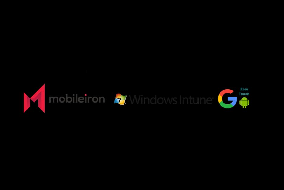 Loghi delle piattaforme di gestione dei dispositivi mobili: Samsung Knox Suite, MobileIron, Windows Intune e Google Zero Touch